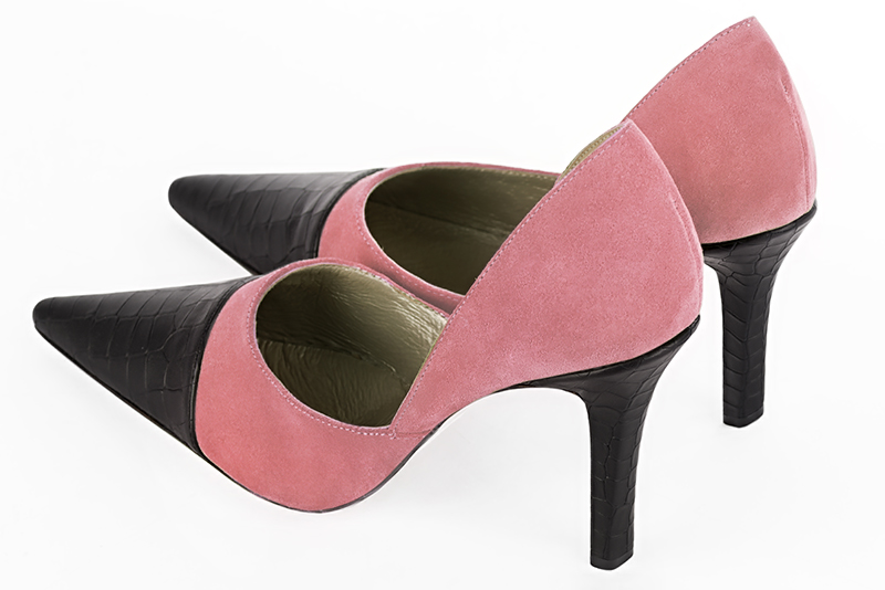 Satin black and carnation pink women's open arch dress pumps. Pointed toe. Very high slim heel. Rear view - Florence KOOIJMAN